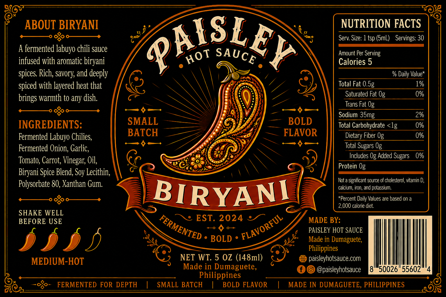 Biryani labuyo chili hot sauce label by Paisley Hot Sauce