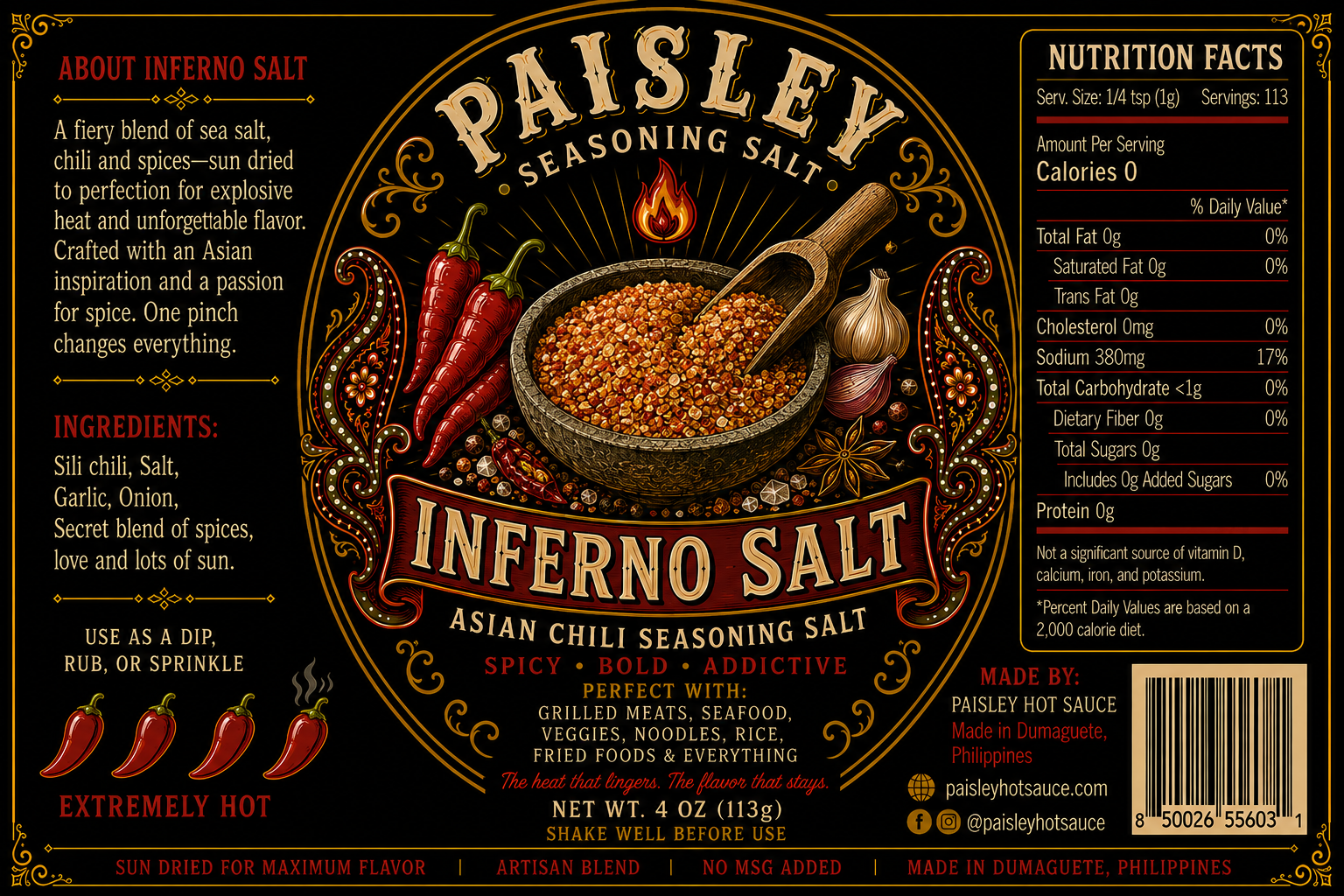Inferno Salt Asian chili seasoning salt label by Paisley Hot Sauce