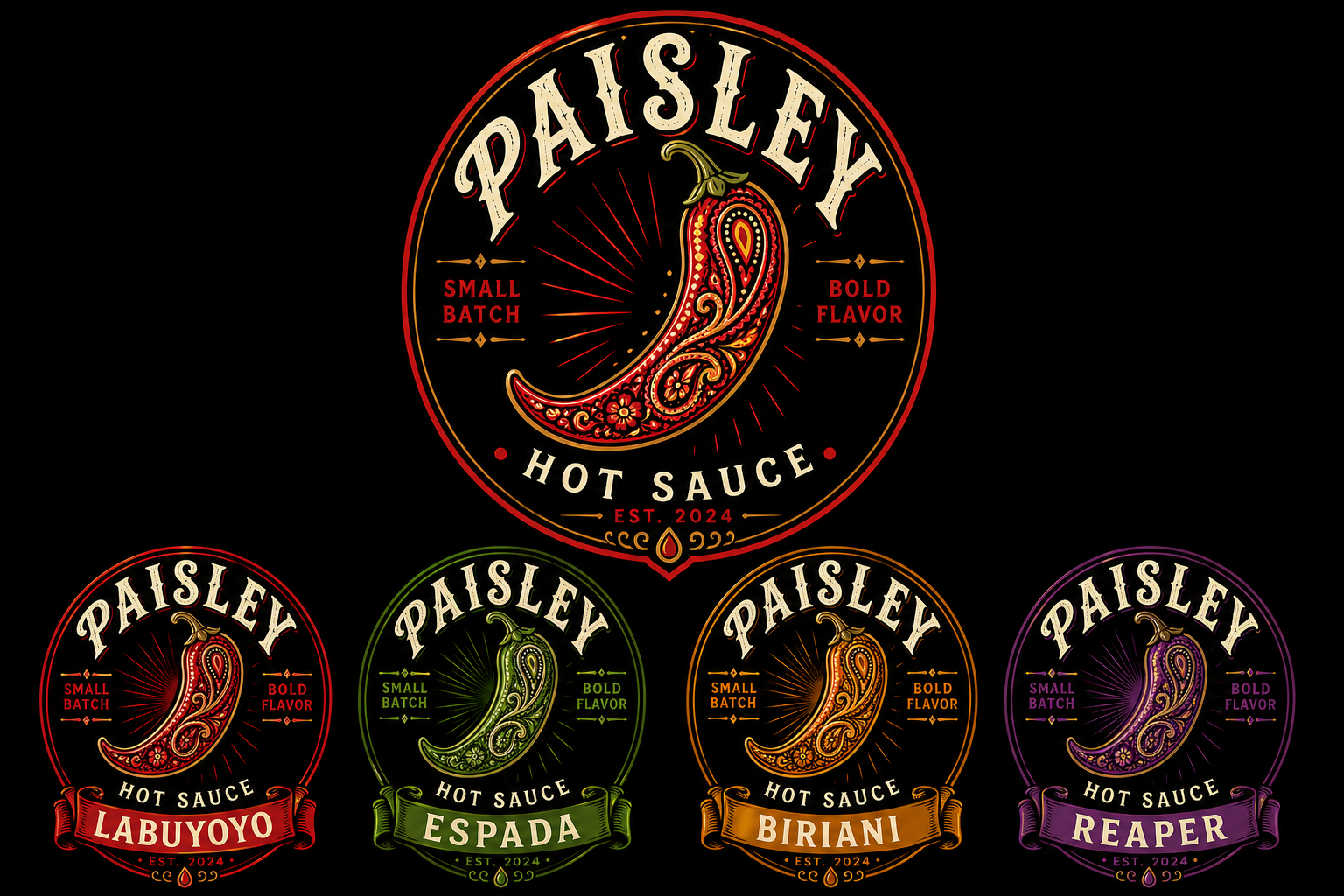 Paisley Hot Sauce logo and sauce lineup